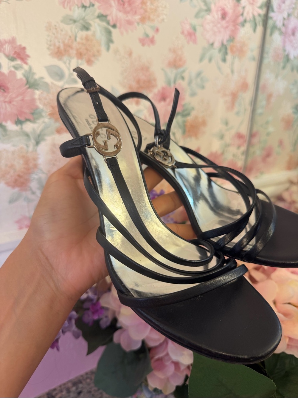Gucci Black Strappy Heeled Sandals with Gold Logo